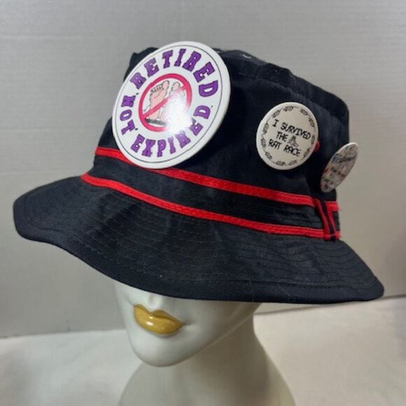 VTG Black "Retired but Rehired" Black Retirement Cotton Pail Hat 7 Pins XL - Picture 2 of 10